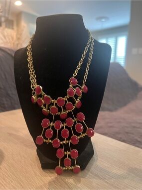 Gold-Tone Statement Necklace with Deep Pink Gem Accents